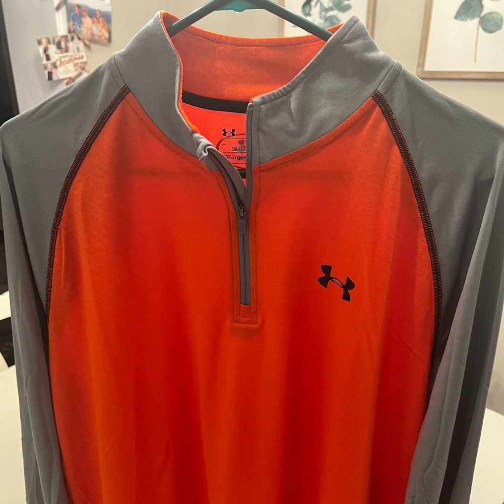 Under Armour 3/4 zip large orange and gray pullover.